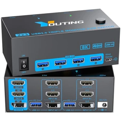 Imagen de YOUTINGHDAV KVM Switch 2 PC 3 Monitores, Triple Monitores HDMI + Displayport 4K @ 144Hz 8K@60Hz, USB 3.0 DP para Partes Ratón, Teclado y Mando con Cable