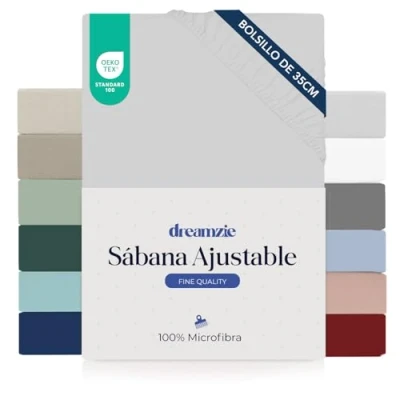 Imagen de Dreamzie Sabanas 90x190 cm Esquinas de 35 para Colchones Gruesos 100% Microfibra, Gris, Certificada sin Productos Químicos (Oeko Tex), Bajeras Completamente Elásticas