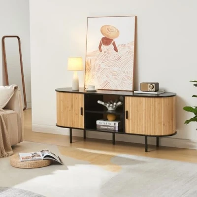 Imagen de [en.casa] Mueble de TV Tvedestrand con 2 Compartimentos Puertas Correderas y Abiertos Salón para Bambú Metal 140 x 40 55 cm Negro/Efecto Madera