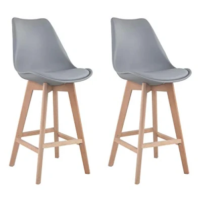 Imagen de Happy Garden Juego de 2 taburetes Bar SVEN Grises con cojín. Estilo escandinavo Respaldo y reposapiés, Cocina, Patas Madera Haya Maciza.