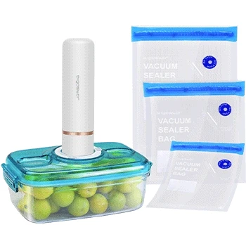 Imagen de Aigostar Fresh Pack 3 productos: mini bomba de vacío portátil, bolsas y recipientes para envasar al vacío, Envasadora recargable por USB, conserva la comida durante días