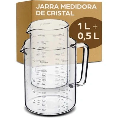 Imagen de Jarra Medidora de Cristal 1L &amp; 0,5L Resistente al Calor y Apta para Microondas Escala Precisa Ideal Hornear, Cocinar Mezclar