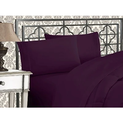 Imagen de Elegant Comfort Juego de sábanas Microfibra Lujoso 1500 Hilos Hotel, Tres líneas Bordadas, 4 Piezas, Resistente a Las Arrugas y decoloración, Queen, Berenjena