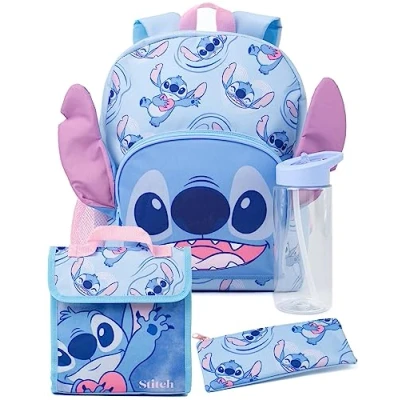 Imagen de Disney Lilo and Stitch Mochila Escolar para niñas con diseño de Personajes alienígenas en 3D, Estuche lápices y Botella Agua, Regalo el Regreso a Clases, Blue, Talla única, Mochilas