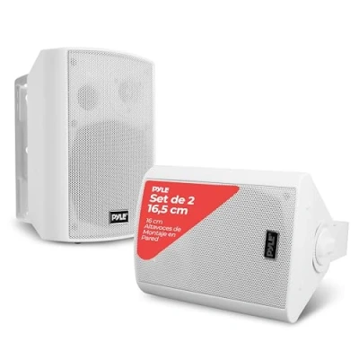 Imagen de Pyle Sistema de Altavoces Estereo, Portatiles, Resistentes a la Intemperie, Inalambricos, Montaje Pared, Interiores, Exteriores. Blanco