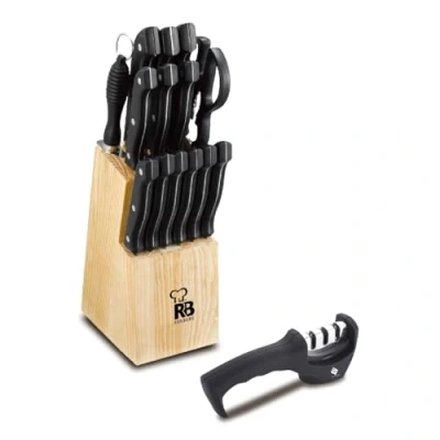 Imagen de RENBERG TENESSY Set 15 Pzs Cuchillos y Afilador con Tacoma de Madera Acero Inoxidable Mango Negro Duradero Práctico