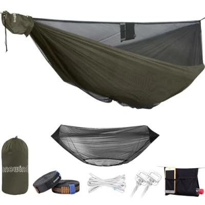 Imagen de onewind hamaca de camping 11 pies con corneta, doble portátil mosquitera, mochilero red ajustable para árbol Ridgeline camping, senderismo, mochilero, verde OD