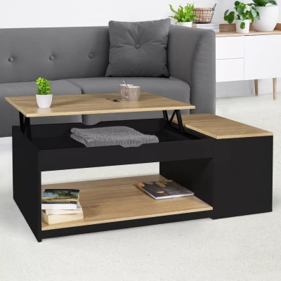 Imagen de IDMarket Mesa Baja Rectangular ELEA con baúl de Madera Negra y Forma Haya