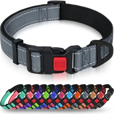 Imagen de Taglory Collar Perro, Nylon Reflectante Neopreno Forrado Ajustable para Perros Pequeños, Gris
