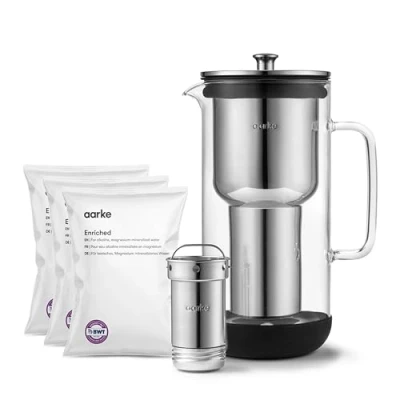 Imagen de Aarke Purifier, Jarra Filtrante de Agua Fabricada en Vidrio y Acero Inoxidable, 2.4L + Paquete 3 Bolsas Filtro Enriched
