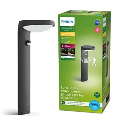Imagen de Philips Pedestal de exterior Tyla 9W Luz Neutra 4000k, con sensor movimiento y panel carga solar, protección IP44