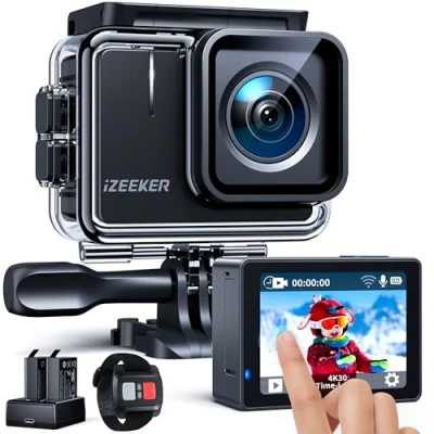 Imagen de iZEEKER Cámara Deportiva 4K 20MP, Impermeable 40M, Subacuática con EIS Antivibración, Pantallas Táctiles, Videocámara, Gran Angular de 170,2 Baterías, Control Remoto,WiFi, Multi Accesorios