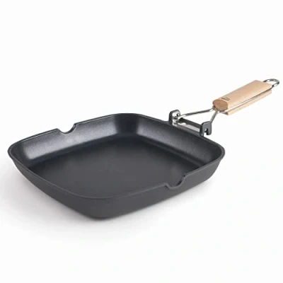 Imagen de Lacor 25158 Sartén Grill SUA Lisa de Aluminio Fundido 100% libre PFOA, Antiadherente Bicapa, Mango Plegable Madera Roble, Fondo Full Induction, Apto para Inducción, 28 x 3,8 cm, Negro