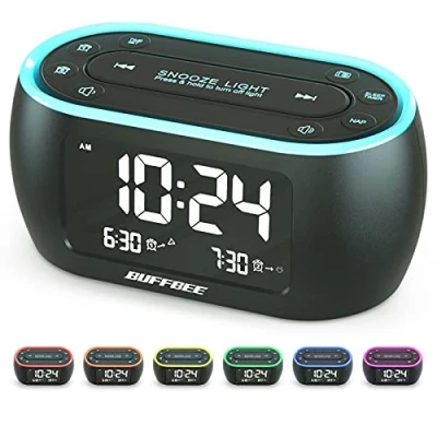 Imagen de BUFFBEE Despertador Radio con luz Nocturna de 7 Colores, Doble Alarma, Regulador Intensidad, Puerto carca USB, Temporizador Siesta, Digital FM