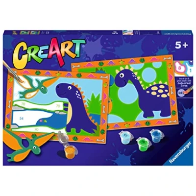 Imagen de Ravensburger CreArt Serie Junior: Dinosaurios, Kit para Pintar por Números, Contiene dos Tablas Preimpresas, un Pincel, Colores, Juego Creativo Niños y Niñas 5+ Años