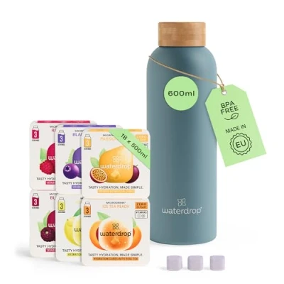 Imagen de waterdrop® Starter Set Steel con 1 botella de acero + 18 microbebidas para disolver en 6 variedades afrutadas, paquete degustación inoxidable 600 ml, apta bebidas