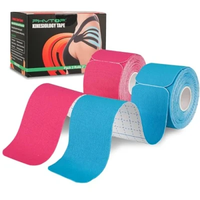 Imagen de PHYTOP Cinta Kinesiológica (40 Tiras, 25 Cm X 5 Cm) Kinesiotape Sin Látex Para Deportes Taping Kinesiologico Ideal Soporte De Rodilla, Hombro y Codo (Azul Rosa)