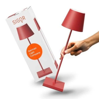 Imagen de SIGOR Nuindie Lámpara de mesa LED recargable regulable, para interior y exterior, IP54, altura 38 cm, con USB C, 12 h duración la luz, rojo encendido