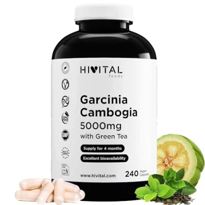 Imagen de Garcinia Cambogia 5000 mg. 240 cápsulas veganas para 4 meses. Natural al 60% en HCA con Té Verde Natural. Potente Quemagrasas que inhibe el apetito y ayuda a adelgazar