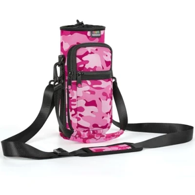 Imagen de Nuovoware Bolsillo de Botella Agua Portátil Neopreno, con Correa Hombro a Prueba Caída, Funda Impermeable 710ml Protectora para Viaje, Camuflaje Rosa