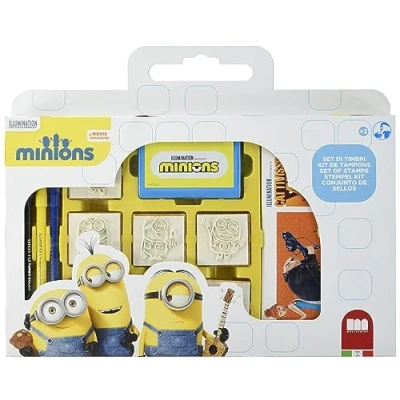 Imagen de Multiprint Valija 7 Sellos para Niños Minions 2, 100% Made in Italy, Set Persolanizados, en Madera y Caucho Natural, Tinta Lavable no Tóxica, Idea de Regalo, Art.07896
