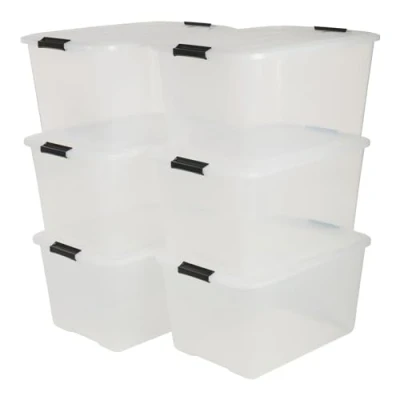 Imagen de Iris Ohyama 6 Cajas de almacenaje con tapa y cierres a presión, 45L, Transparente, apilables, encajables, contenador para ropas, juguetes, hogar, oficina armario, organizar espacio, plástico,