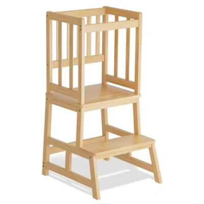 Imagen de COSYLAND Torre de Aprendizaje Desde 18 Meses Madera para Niños Protección Antivuelco y Barra Seguridad Baño, Habitación Infantil Cocina Natural