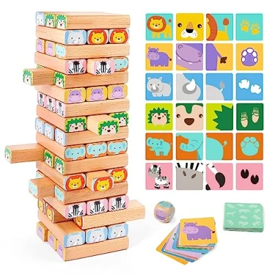 Imagen de Nene Toys Juego de Construcción con Bloques Madera Familiar Mesa 4 en 1 Construcción, Cartas y Dado Juguete Educativo Animales Safari para Niños 3 a 9 Años