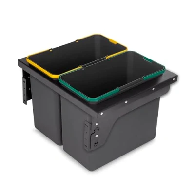 Imagen de EMUCA Contenedor de reciclaje para fijación lateral en mueble cocina Recycle 2x24litros, Plástico gris antracita