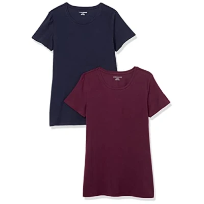 Imagen de Amazon Essentials Camiseta de Cuello Caja Manga Corta y Ajuste Clásico Mujer, Pack 2, Azul Marino/Burdeos, L