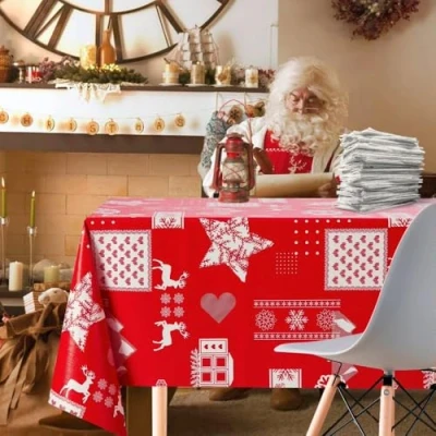 Imagen de KP HOME mantel rectangular de PVC 250 x 140 pulgadas, plástico vinilo lavable con un paño, impermeable, diseño ciervo Navidad