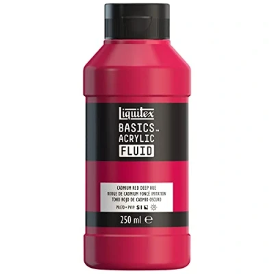 Imagen de Liquitex Basics Fluid Pintura acrílica de consistencia fluida, secado rápido, resistente a la luz, impermeable, acabado satinado permanente, bote 250 ml, tono rojo cadmio oscuro