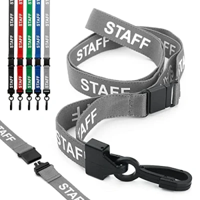 Imagen de CKB LTD 10x Staff LANYARDS Cordón de seguridad para el cuello con texto preimpreso, clip plástico giratorio tarjeta identificación, diseño liberación rápida color gris