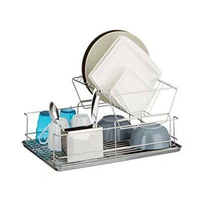 Imagen de Relaxdays Escurreplatos con Escurridor Cubiertos y Bandeja, Fregadero, 1 Ud, Acero Inoxidable, 23,5x48x32 cm, Plateado