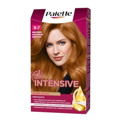 Imagen de PALETTE Intensive Creme color 9 7 Rubio Cobrizo, tinte de pelo permanente con aceite macadamia y almendras, cubre el 100% las canas raíces, para un radiante
