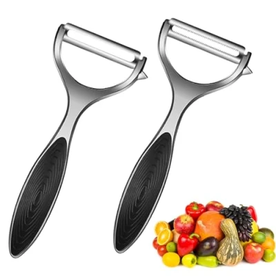 Imagen de Mecmbj 2 Piezas Pelador de Patatas Manual, Verduras Acero Inoxidable Multifunción Filo Recto/Dentado Frutas con Mango Antideslizante para Tomates Zanahoria Manzanas