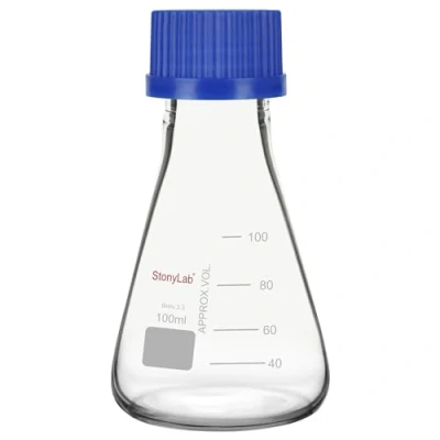 Imagen de stonylab Matraz Erlenmeyer con Tapa de Rosca Azul, Cónico Vidrio Borosilicato Graduado para Laboratorio, 100 ml