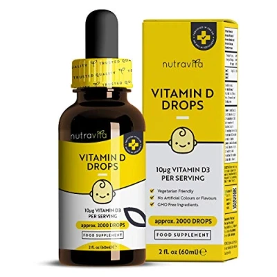 Imagen de Vitamina D Gotas para Bebés y Niños 60ml Sistema Inmunitario Sano, Crecimiento Desarrollo Normal de los Huesos en 400UI o 10mcg por Gota (2000 Botella) Sin Azúcar Nutravita