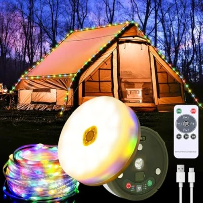 Imagen de Cadena de Luces para Camping, 10M Luz Camping Enrollable con 7 Modos Iluminación, Guirnalda Recargable, Recargable por USB, IP44 Prueba Agua, Exteriores, Jardines (Luces Colores)