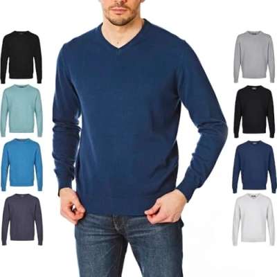Imagen de Castle Point Jersey de punto para hombre, 100% algodón, suave al tacto, cuello en V, color azul, talla pequeña