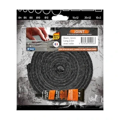 Imagen de PYRO FEU Junta refractaria 4mm x 2,5 Metros + Tubo Pegamento, Fibra de vídrio, Negra, estandar