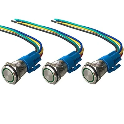 Imagen de QitinDasen 3Pcs Premium 12V / 24V 5A Interruptor de Botón Momentáneo, 19mm Metálico, LED Verde Pulsador Impermeable IP67 con Enchufe Cable