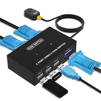 Imagen de VGA KVM Switch, USB y Conmutador para 2 PCs un Monitor de Video 1 Piezas 3 Dispositivos USB, Compartir Ratón, Teclado, Impresoras, Escáner, Incluye Cables