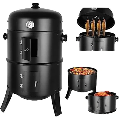 Imagen de Barbacoa Ahumador, Barril Para Ahumar, Horno 3 en 1 Smoker, Parrilla con Termómetro Integrado y Enganchados, Asar a la Cocinar