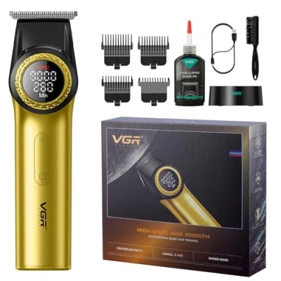 Imagen de VGR 977 Cortapelos Profesional Hombre 8000 RPM T Blade Trimmer Cortadora de Peluquería Inalámbrica con Distancia Cero Recargable Pantalla LED Oro