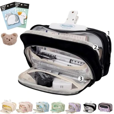 Imagen de Big Capacity Pencil Case, Beige Large Pouch, Pouch Organizer, 3 Compartments Simple Storage Aesthetic Case (Black)