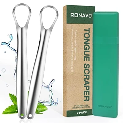 Imagen de RONAVO Raspador de lengua con estuches viaje para adultos y niños, fácil usar, acero inoxidable, combate el mal aliento, cuidado bucal saludable, Tongue Scraper boca pequeña