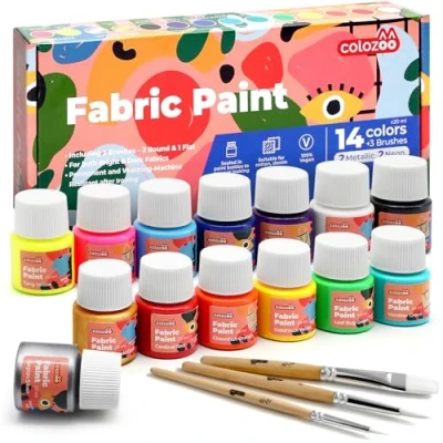 Imagen de colozoo Pintura Textil Resistente a la Lavadora 14x20ml Set de Inc. Oro, Plata y 2 Colores Neón 3 Pinceles para Tejidos Oscuros Claros