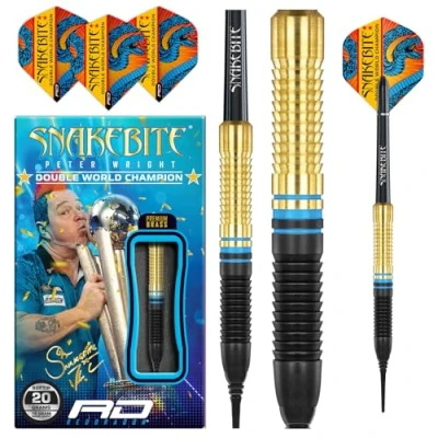 Imagen de RED DRAGON Peter Wright Snakebite Juego de dardos latón punta suave 18 g, barril 20 peso completo, con plumas y ejes (tallos)