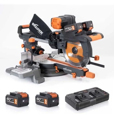 Imagen de Evolution R255SMS DB Li Sierra ingletadora deslizante doble bisel inalámbrica, incluye 2 baterías de iones litio 18V 4Ah y cargador, hoja multimaterial para madera, metal plástico 255 mm